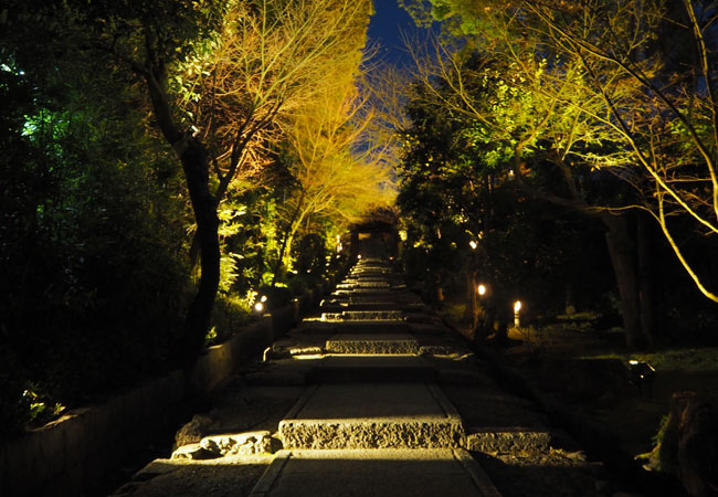高台寺へ上がる石段がライトアップされて神秘的な雰囲気