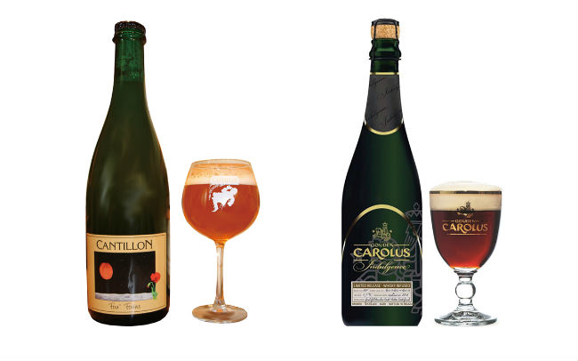 左から、カンティヨン・アプリコット・フフン／フルーツ・ビール、グーデン・カロルス・インダルジャンス2015／スペシャル・ビール