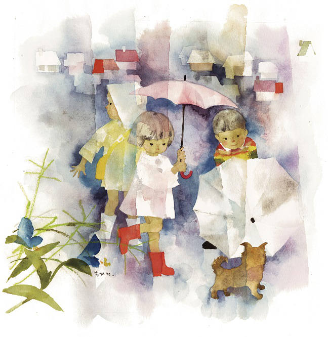  いわさきちひろ、絵描きです。＠東京ｽﾃｰｼｮﾝｷﾞｬﾗﾘｰ　小犬と雨の日の子どもたち