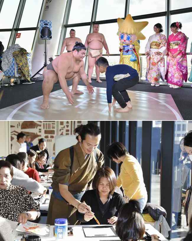 （上）お正月三が日限定 お相撲さんと力比べ（c）TOKYO-SKYTREE（下）書初めワークショップ（c）TOKYO-SKYTREETOWN