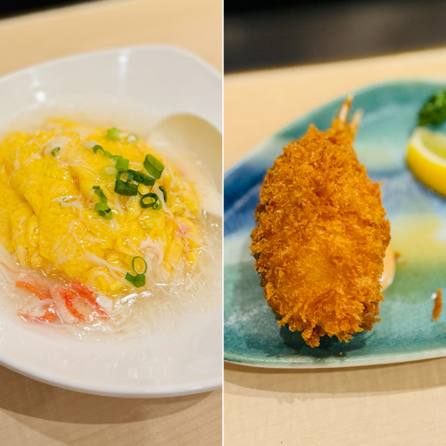 海鮮・鮨 食べ放題 かに村 上野本店　ビュッフェ　かに玉餡かけ、蟹爪クリームコロッケ