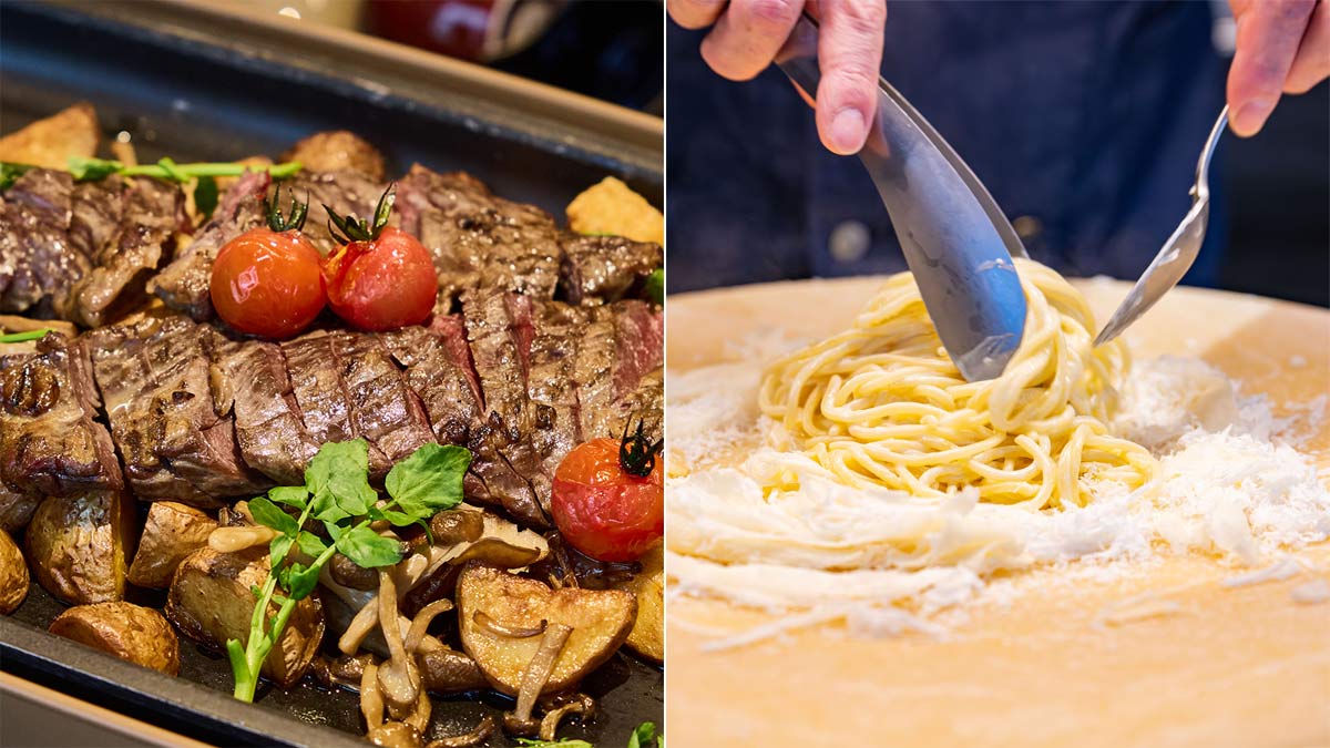 voco大阪セントラル「春を彩るイタリアンランチビュッフェ」。ポークローストやチーズの上で仕上げるスパゲティなどに注目