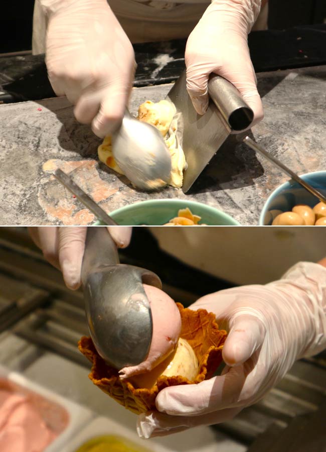 手早くアイスを作るパフォーマンスは圧巻！華麗な手さばきに目が奪われる